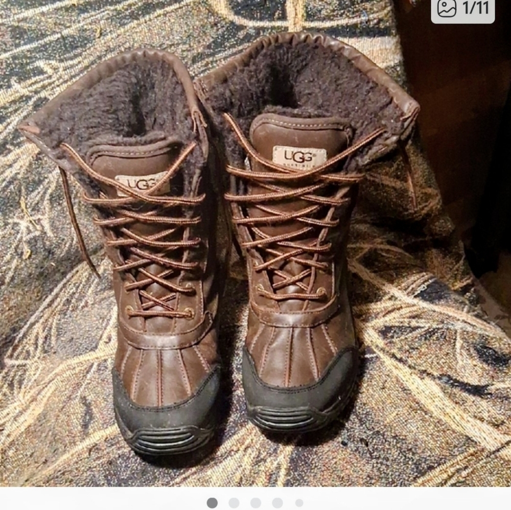 UGG Brown and Black Lace-Up Shearling-Trim Winter Boots